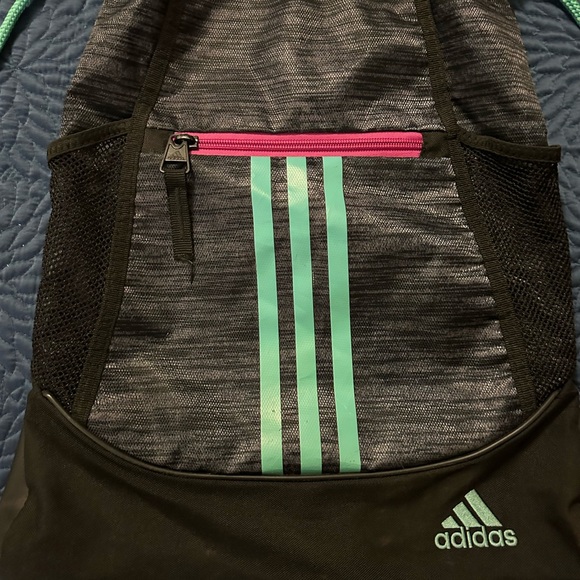 Adidas Drawstring Sackpack/Backpack, Black With Teal Stripes & Drawstring Straps - Picture 3 of 4
